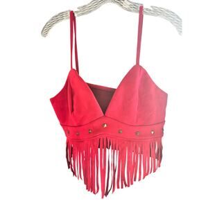 Red Fringe Studded Bralette Top Large Festival Western Crop Faux Suede